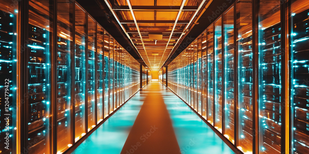 A long hallway with rows of servers glowing A long hallway with rows of servers glowing