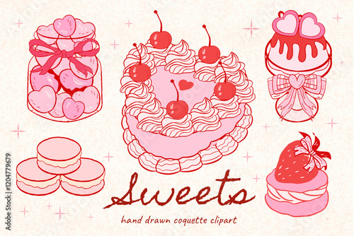 Coquette cake, Vintage Pink Cake Collection with Retro Decorations and Heart cake, pink coquette clipart, y2k clipart, pink ribbon, Pink Coquette Ribbon Clipart Gift bow valentines