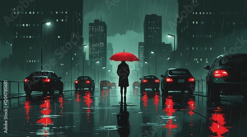 A solitary figure under a red umbrella in a rain-soaked city street, highlighted by glowing streetlights and reflections creating a dramatic urban nightscape

 photo