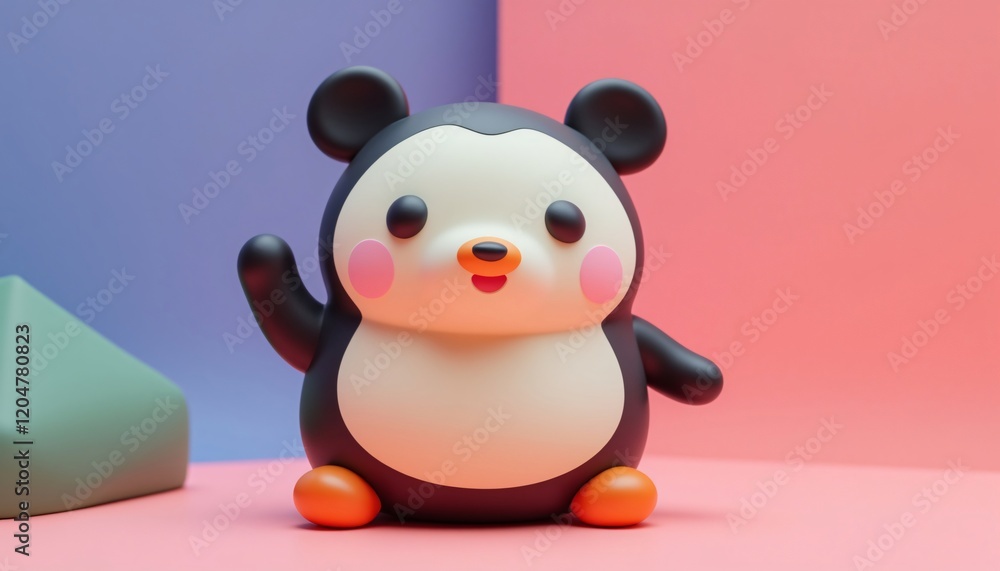 Fototapeta premium Adorable 3D penguin waves hello! Soft pastel background, cheerful vibe. Perfect for kids!
