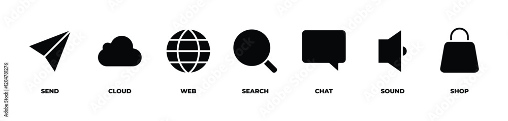 Seamless Interaction icons set vector illustration with send, cloud, web, search, chat, sound, shop Seamless Interaction icons set vector illustration with send, cloud, web, search, chat, sound, shop