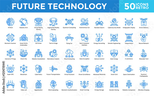 Future Technology icon set with ai brain, robotics arm, virtual reality glasses, augmented reality overlay, quantum computing, autonomous car icon. Simple retro vector 
