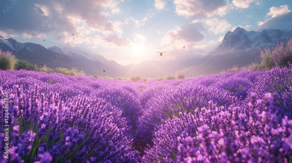 Obraz premium Lavender Field Sunrise in the Mountains
