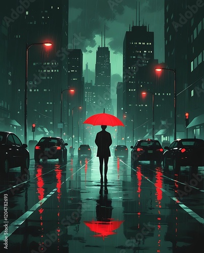 A rainy urban night scene with a person holding a red umbrella amidst glowing city lights, wet streets, and parked cars reflecting the vibrant atmosphere

 photo