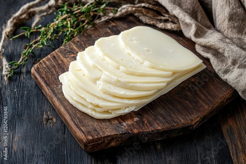 Overhead shot of cut local Italian Taleggio cheese from whole cow s milk on dark wood board photo