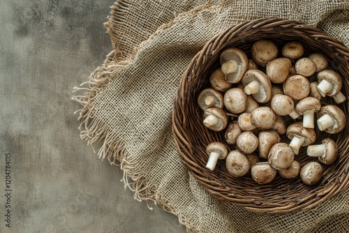 Overhead view of a wicker basket with fresh Leccinum scabrum mushrooms on a table Empty space for text photo