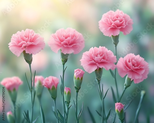 Fototapeta Naklejka Na Ścianę i Meble -  Closeup of blooming pink carnation flower lush green garden bright natural light