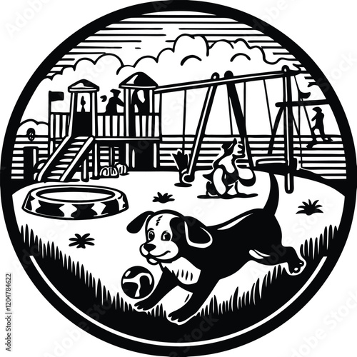 dog playing with football in a playground silhouette vector 