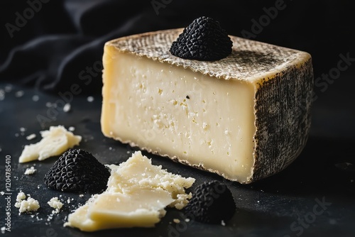 Pecorino romano cheese with black truffle on a dark backdrop photo