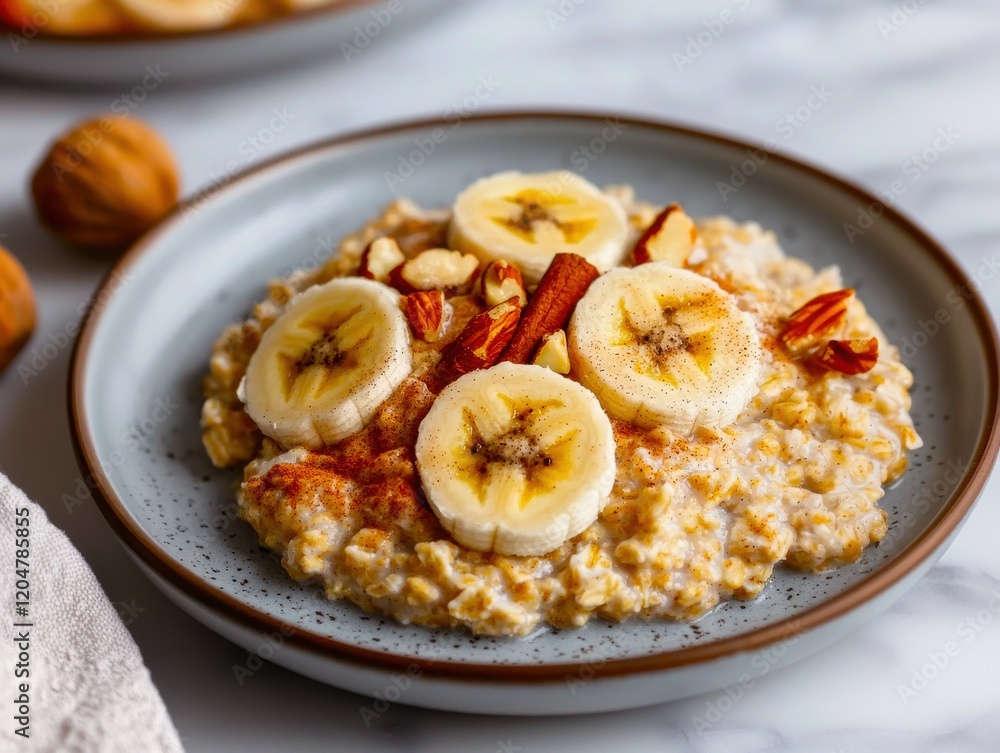 Gut and stomach's care foods concept. A warm plate of oatmeal topped with banana slices, cinnamon, and nuts, comforting stomach care breakfast Gut and stomach's care foods concept. A warm plate of oatmeal topped with banana slices, cinnamon, and nuts, comforting stomach care breakfast