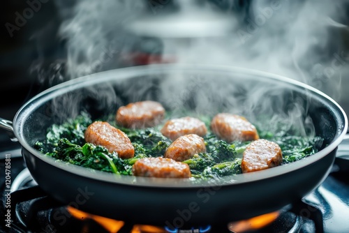 Preparing spicy Italian sausage and broccoli rabe in a pot on the stove photo