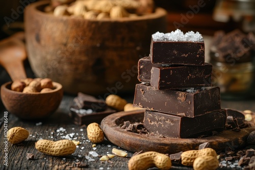 Pyramid dessert with salted peanuts and chocolate fudge