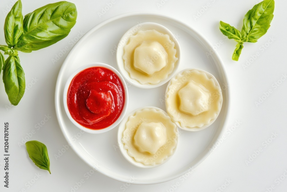 Ravioli with sauces served on a white plate Ravioli with sauces served on a white plate