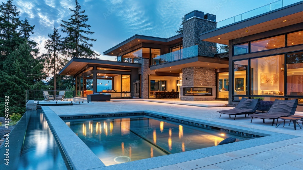 Fototapeta premium Luxury modern house with pool view, AI generated image