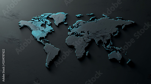 3D rendered dark world map with glowing blue outlines on a textured black surface.