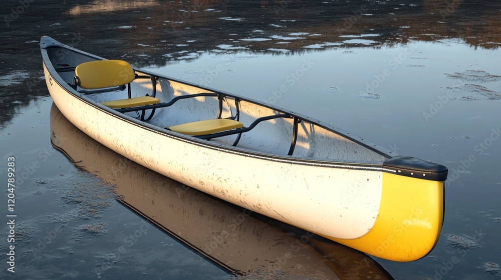 Fototapeta premium Calm lake canoe, two seats, sunset, reflection, outdoors