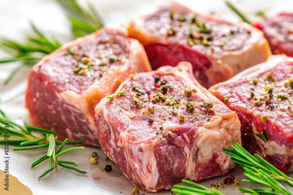 Selection of prime beef cuts for grilling Tomahawk Ribeye T bone and Ossobuco steaks Meat backdrop