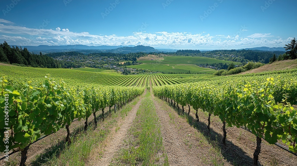 Fototapeta premium Scenic Lush Vineyard with Rows of Grape Vines on Sunny Day
