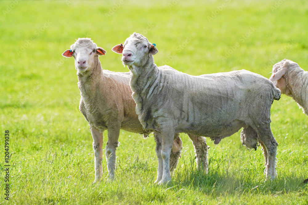 Shorn Sheep Standing in a Green Pasture on a Sunny Day Shorn Sheep Standing in a Green Pasture on a Sunny Day