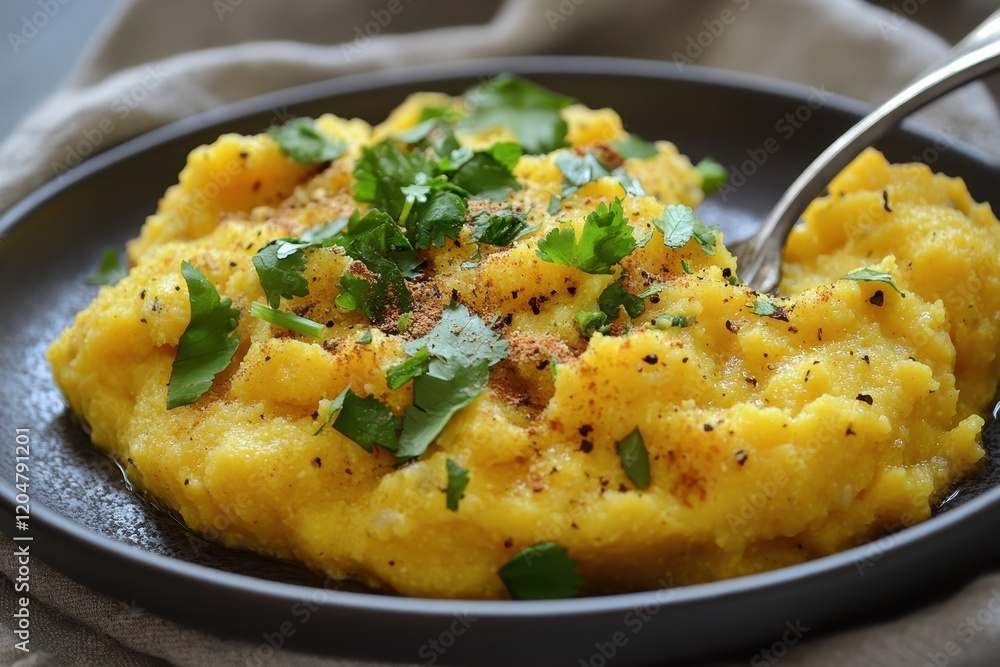 Spoonful of smooth polenta on a gray dish Spoonful of smooth polenta on a gray dish