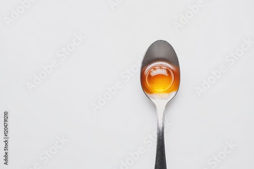 Spoonful of cough medicine on light backdrop photo