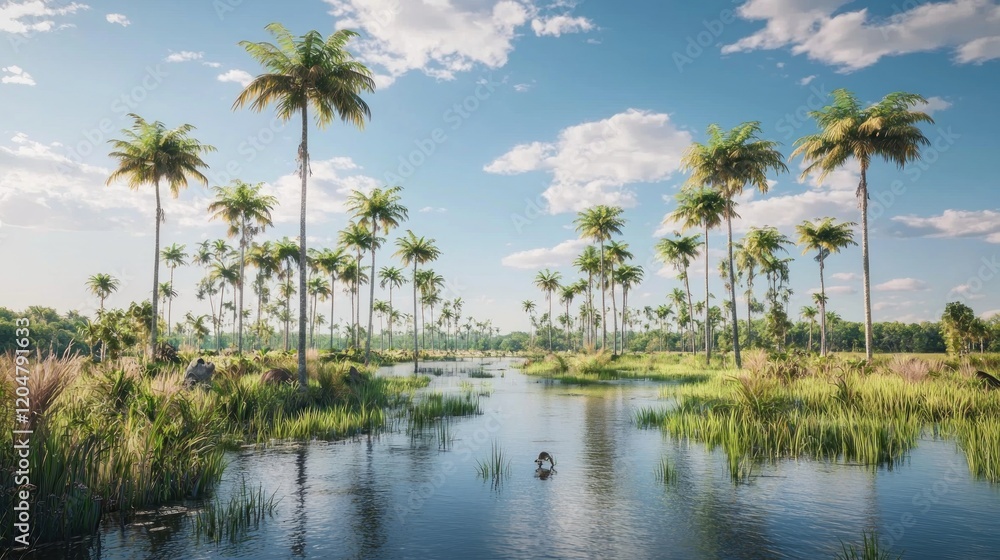 Tropical River, Palm Trees, Sunny Day, Bird, Wetland Tropical River, Palm Trees, Sunny Day, Bird, Wetland