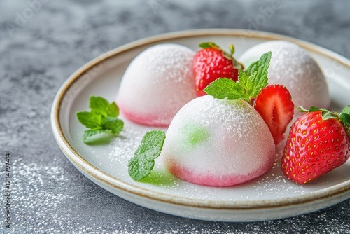 Strawberry mojito flavored mochi dessert on a white plate Selective focus photo