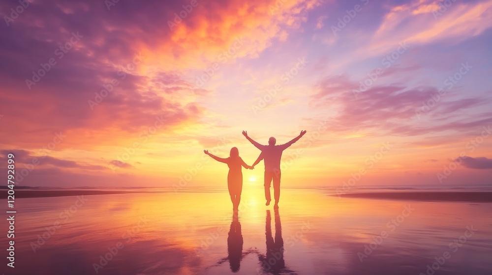 Happy senior man and woman old retired couple walking a beach at sunset Happy senior man and woman old retired couple walking a beach at sunset