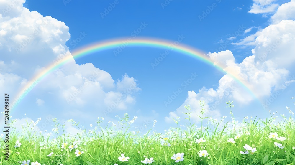 Vibrant rainbow arches over a picturesque field of wildflowers and lush green grass under a bright blue sky dotted with fluffy white clouds. A serene and idyllic landscape. Vibrant rainbow arches over a picturesque field of wildflowers and lush green grass under a bright blue sky dotted with fluffy white clouds. A serene and idyllic landscape.