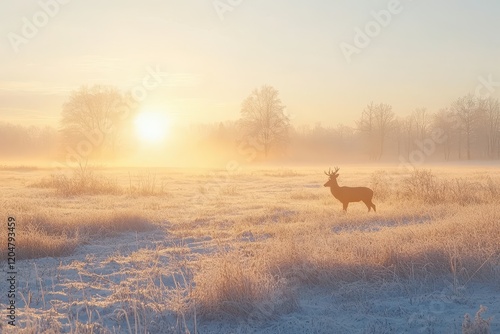 Stunning dawn over a frosty field with red deer Winter morning shrouded in fog featuring deer Bright winter landscape illuminated by sunlight photo