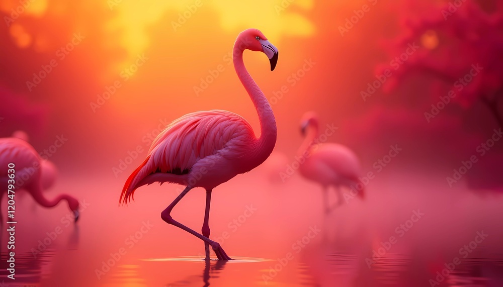 Fototapeta premium Elegant pink flamingo stands gracefully with a soft bokeh background at sunset