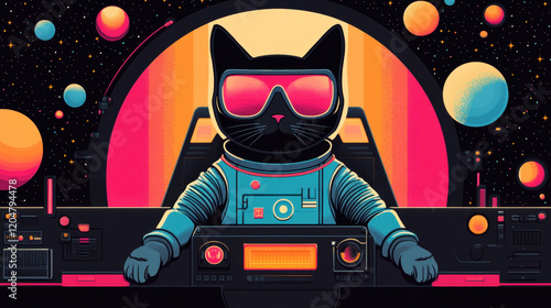 A playful cat in a space suit, wearing sunglasses, pilots a colorful spaceship among vibrant planets in a retro cosmic scene. photo