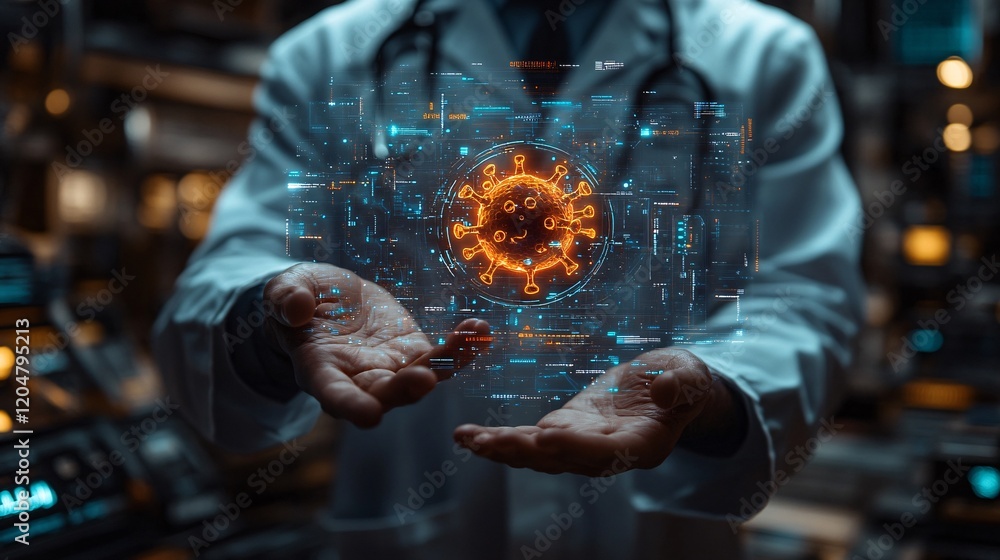 Obraz premium Doctor Holding Luminous Virus Symbol in Modern Lab Setting