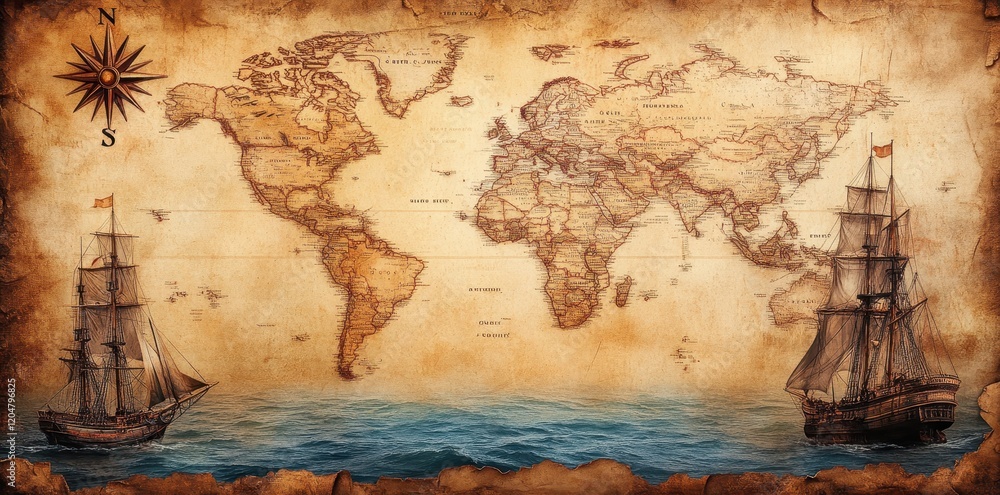 Naklejka premium Vintage pirate map with aged paper textures and nautical elements.