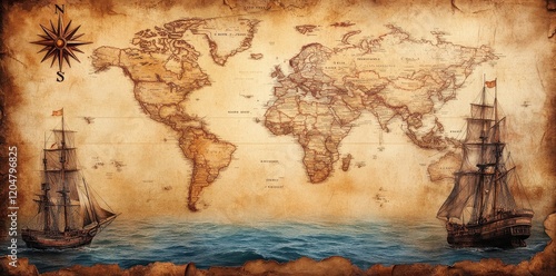 Vintage pirate map with aged paper textures and nautical elements.