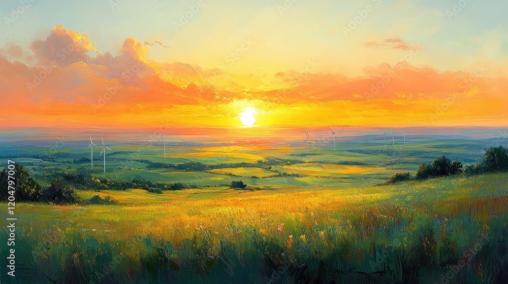 Wind Turbines in Green Landscape at Sunset Generating Renewable Energy Wind Turbines in Green Landscape at Sunset Generating Renewable Energy