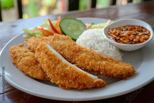 Thai fried fish served with rice photo