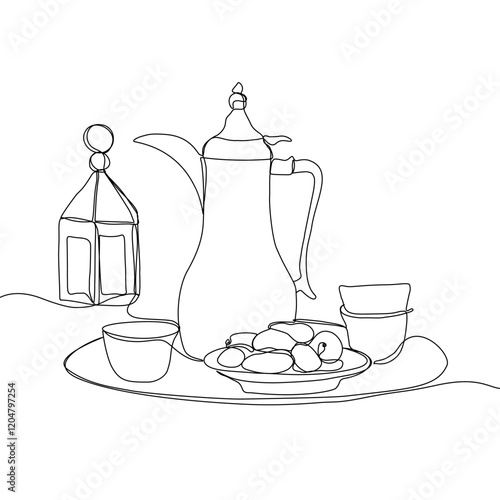 Lantern, teapot, cup and fast breaking dish for iftar with ramadan kareem in one single continuous line drawing style. Ramadan kareem concept. photo