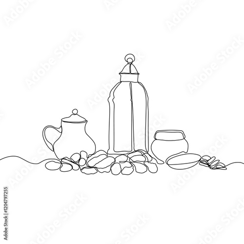 Lantern, teapot, cup and fast breaking dish for iftar with ramadan kareem in one single continuous line drawing style. Ramadan kareem concept.