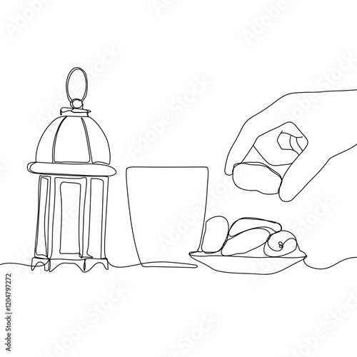 Lantern, teapot, cup and fast breaking dish for iftar with ramadan kareem in one single continuous line drawing style. Ramadan kareem concept.