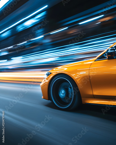 Yellow Car in Motion at Night with Light Trails