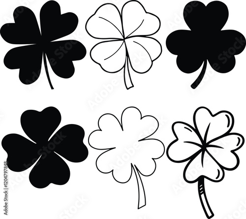 PrintIcon set of four leaf clover flower. Simple flat design vector illustrations, isolated on white, transparent background. Concept of Irish St Patrick's Day 