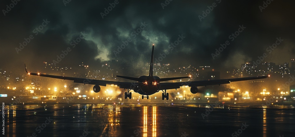 Night Landing: Airplane Touchdown on a Rain-Soaked Runway Night Landing: Airplane Touchdown on a Rain-Soaked Runway