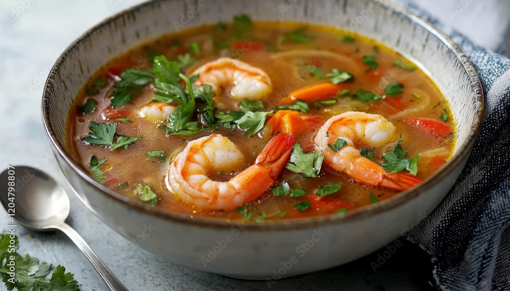 hot shrimp soup filled with colorful vegetables and herbs, with a spoon resting on the side, evoking a sense of warmth and deliciousness hot shrimp soup filled with colorful vegetables and herbs, with a spoon resting on the side, evoking a sense of warmth and deliciousness