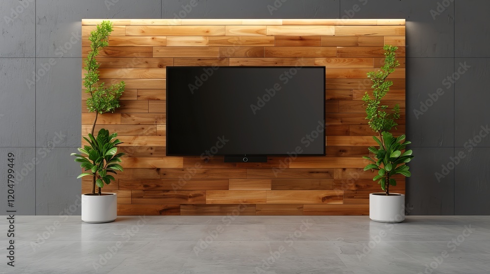 Modern living room featuring a sleek black television mounted on a wooden accent wall, complemented by vibrant greenery in stylish pots.