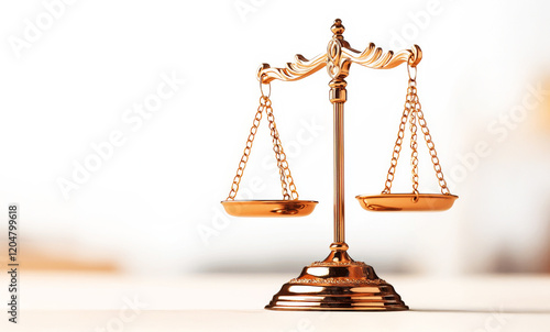 Scales of Justice: A golden scale of justice, symbolizing balance, fairness, and the pursuit of equity, sits on a light wood surface against a blurred background. This image is perfect for legal. photo