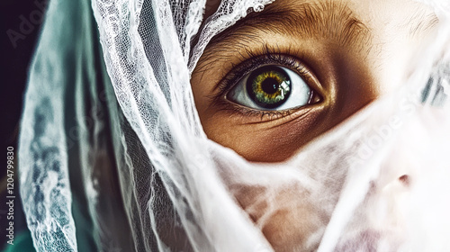 Veiled Gaze: Close-up of a child's captivating eyes partially obscured by a sheer white veil, creating a mysterious and alluring portrait. photo