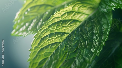 A fresh mint leaf, its texture and vibrant green color captured in detail, exuding a sense of coolness and natural freshness, placed on a white background. 8k UHD, suitable for high-quality  photo