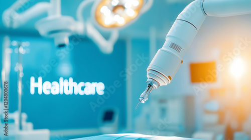 A robotic arm is poised over a surgical table in a modern healthcare setting, highlighting advanced medical technology.
