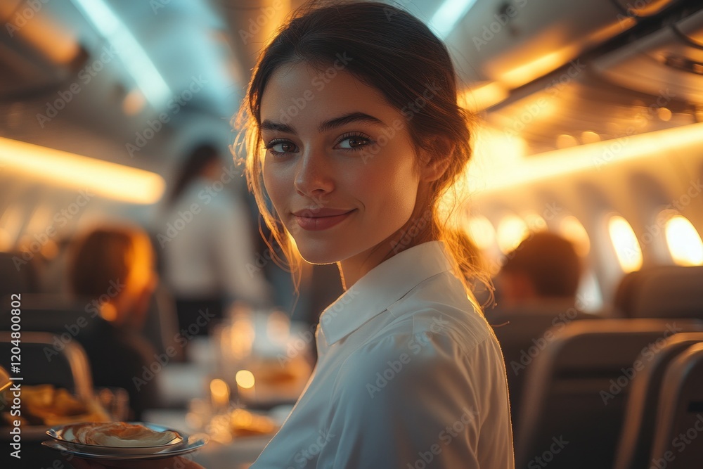 Airplane Cabin Interior with Passengers and Flight Attendant Serving on Economy Class Commercial Flight Airplane Cabin Interior with Passengers and Flight Attendant Serving on Economy Class Commercial Flight
